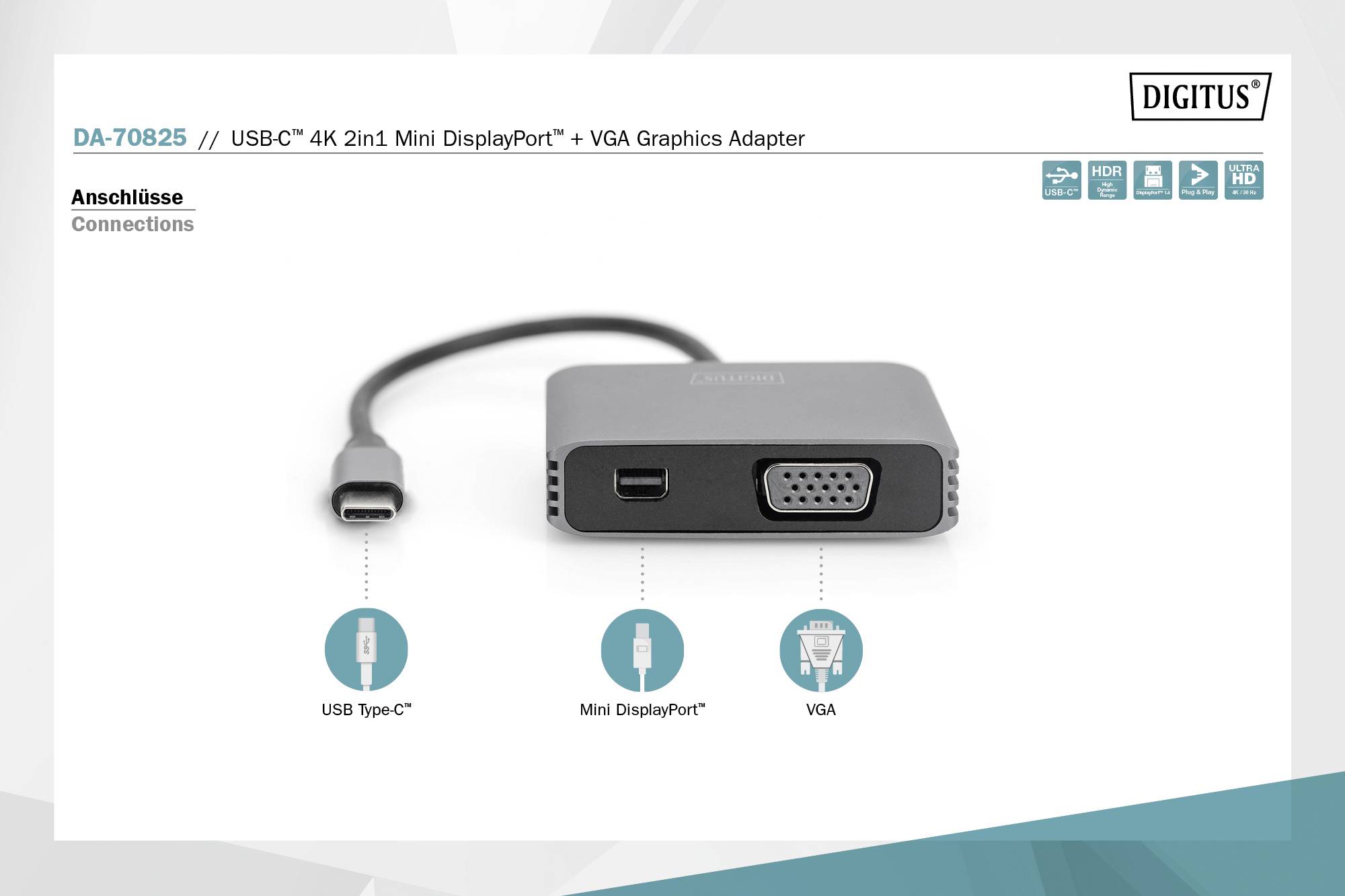 Adattatore grafico Digitus USB-C 4K 2-in-1 Mini DisplayPort + VGA. L'immagine mostra le porte: USB Type-C, Mini DisplayPort e VGA.
