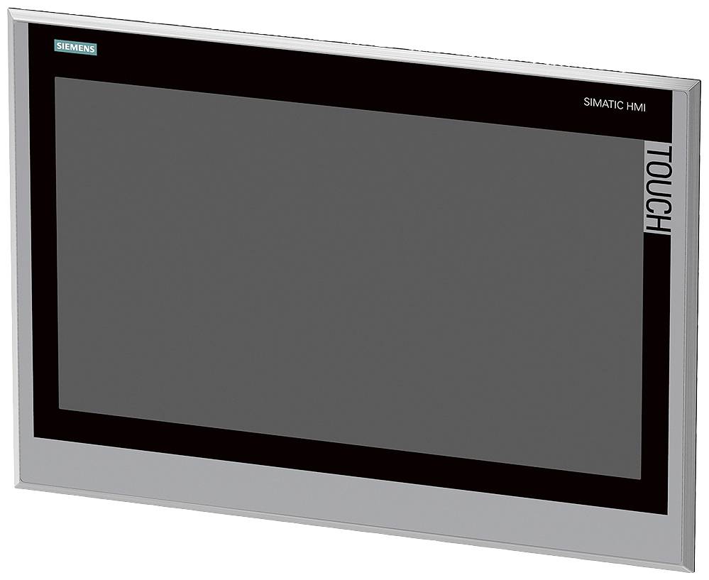 Pannello touch HMI Siemens Simatic grigio, rettangolare, con cornice nera e logo visibile in alto a sinistra.