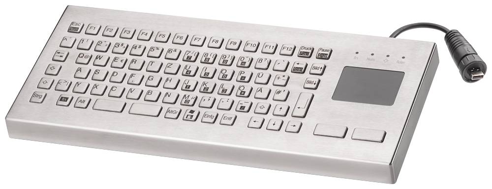 Tastiera in metallo con touchpad integrato e connessione cablata. Struttura robusta, adatta per ambienti industriali o impegnativi.