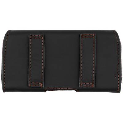 Custodia in pelle nera con cuciture rosse, adatta per conservare piccoli dispositivi o strumenti.