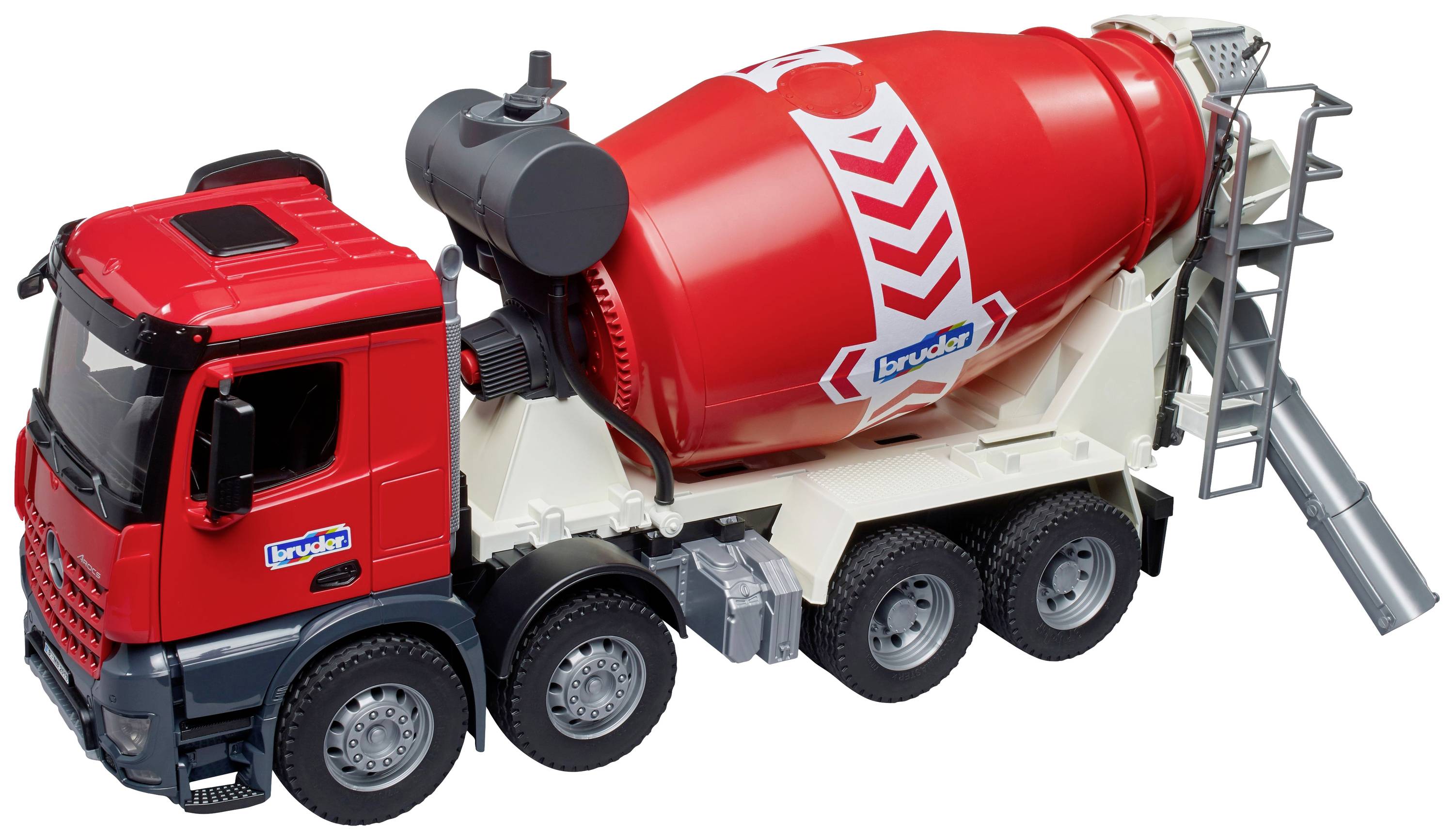 Un camion betoniera rosso con tamburo bianco. Marcature sul tamburo e scala sul retro.