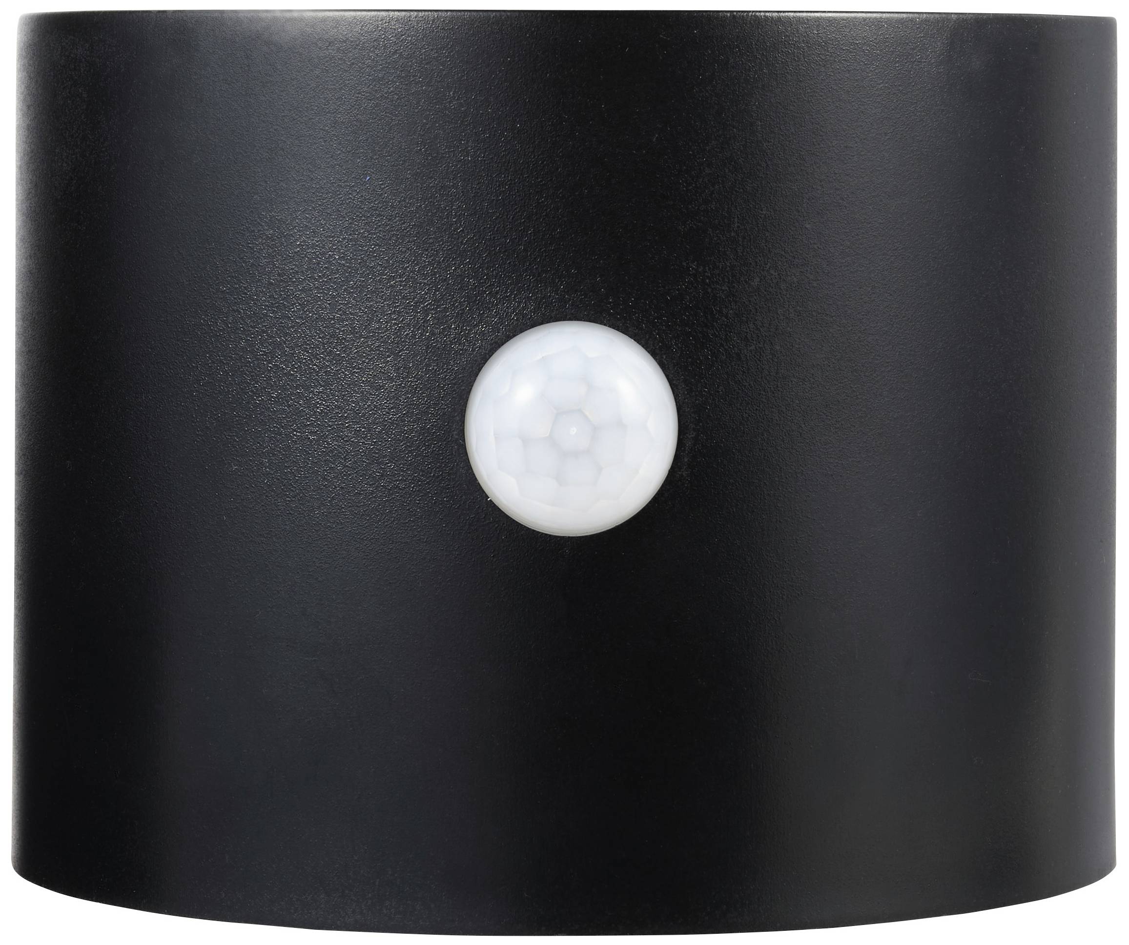 Rilevatore di movimento cilindrico nero con una lente del sensore bianca a forma di sfera al centro.