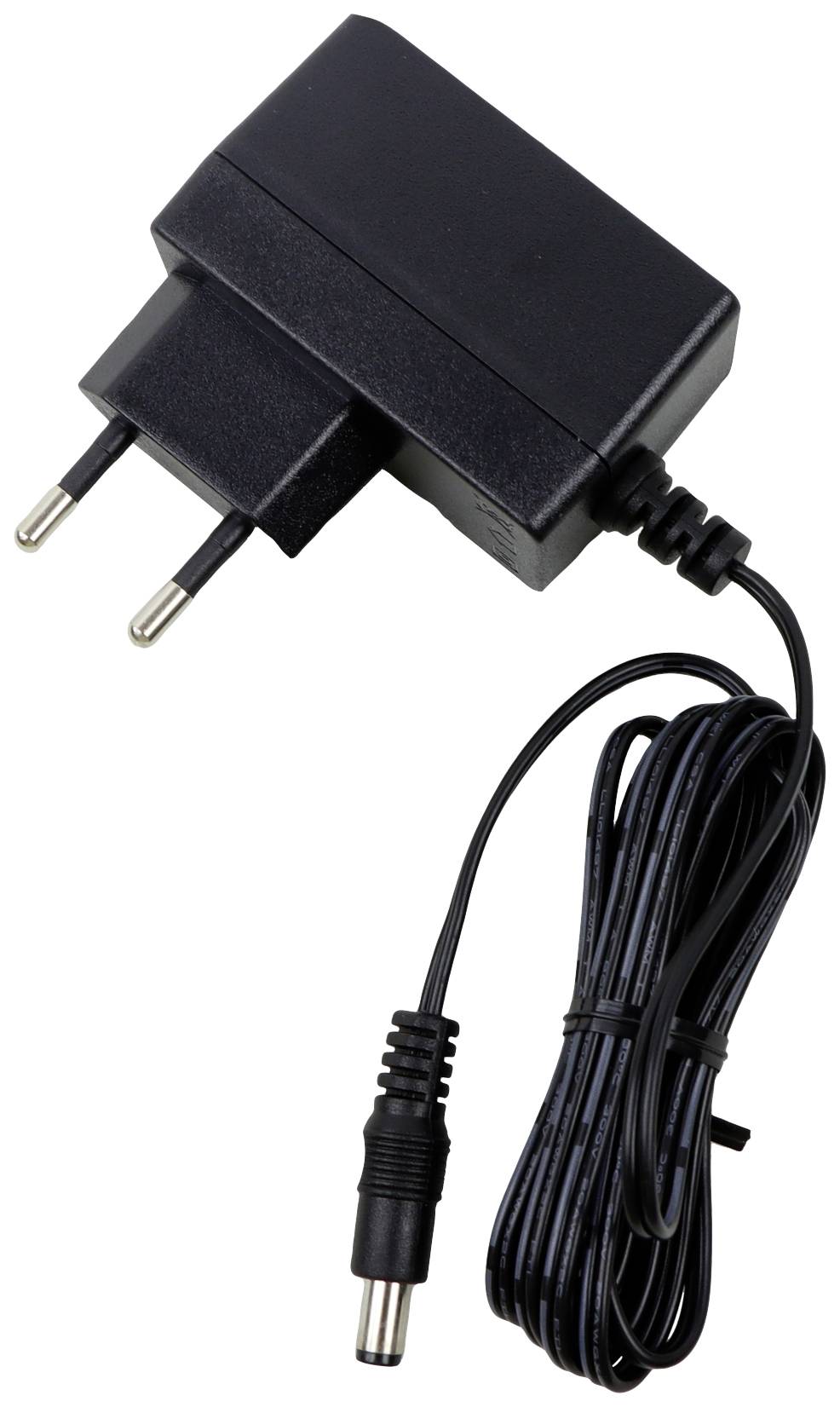 Alimentatore nero con spina EU e cavo lungo. Idoneo all'alimentazione di dispositivi elettronici.