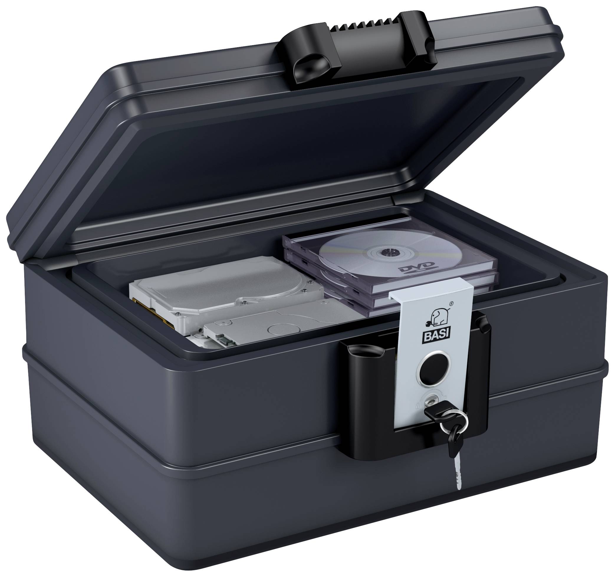 Un cassaforte aperto con un supporto di archiviazione dati, DVD e un hard disk. La cassaforte è grigio scuro e ha una serratura con chiave.