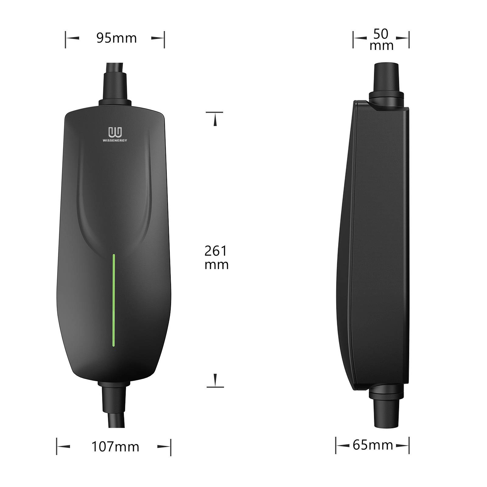 Dispositivo nero verticale con logo aziendale. Dimensioni: 261 mm di altezza, 95 mm di larghezza, 107 mm di profondità. Lateralmente 50 mm di larghezza, 65 mm di profondità.