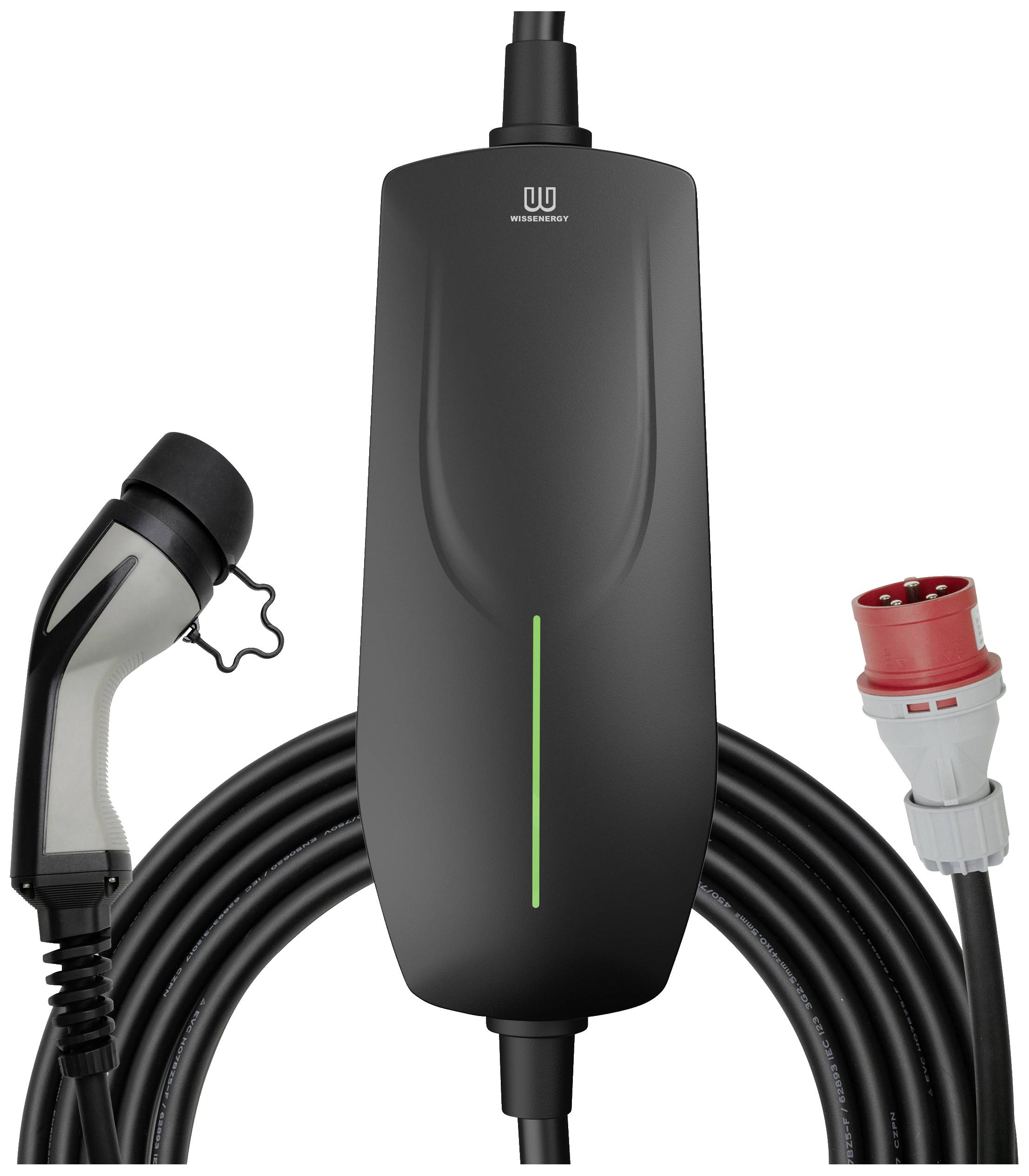 Stazione di ricarica mobile con connettore e cavo, adatta per veicoli. Design scuro con indicatore LED verde sul lato frontale.