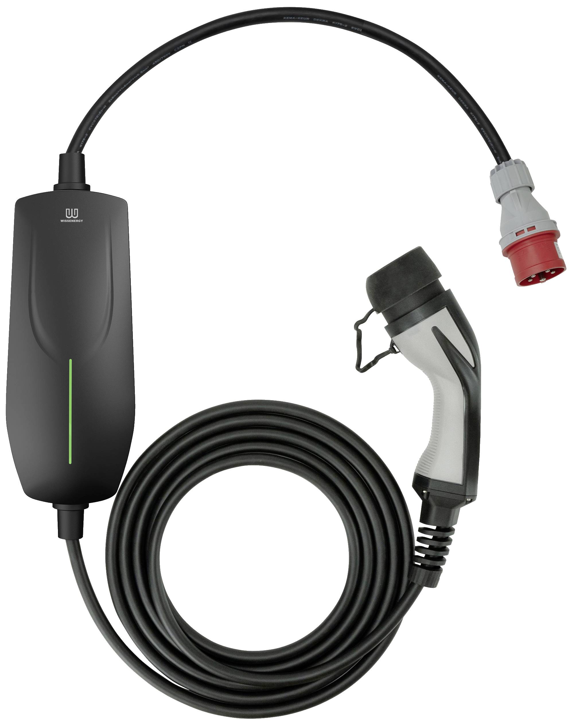 Cavo di ricarica per auto elettriche con spina e scatola di controllo. Il cavo è arrotolato e pronto all'uso.