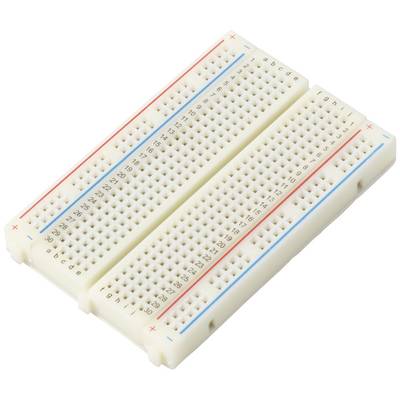 Breadboard per la prototipazione di circuiti elettronici, con linee contrassegnate per l'alimentazione.