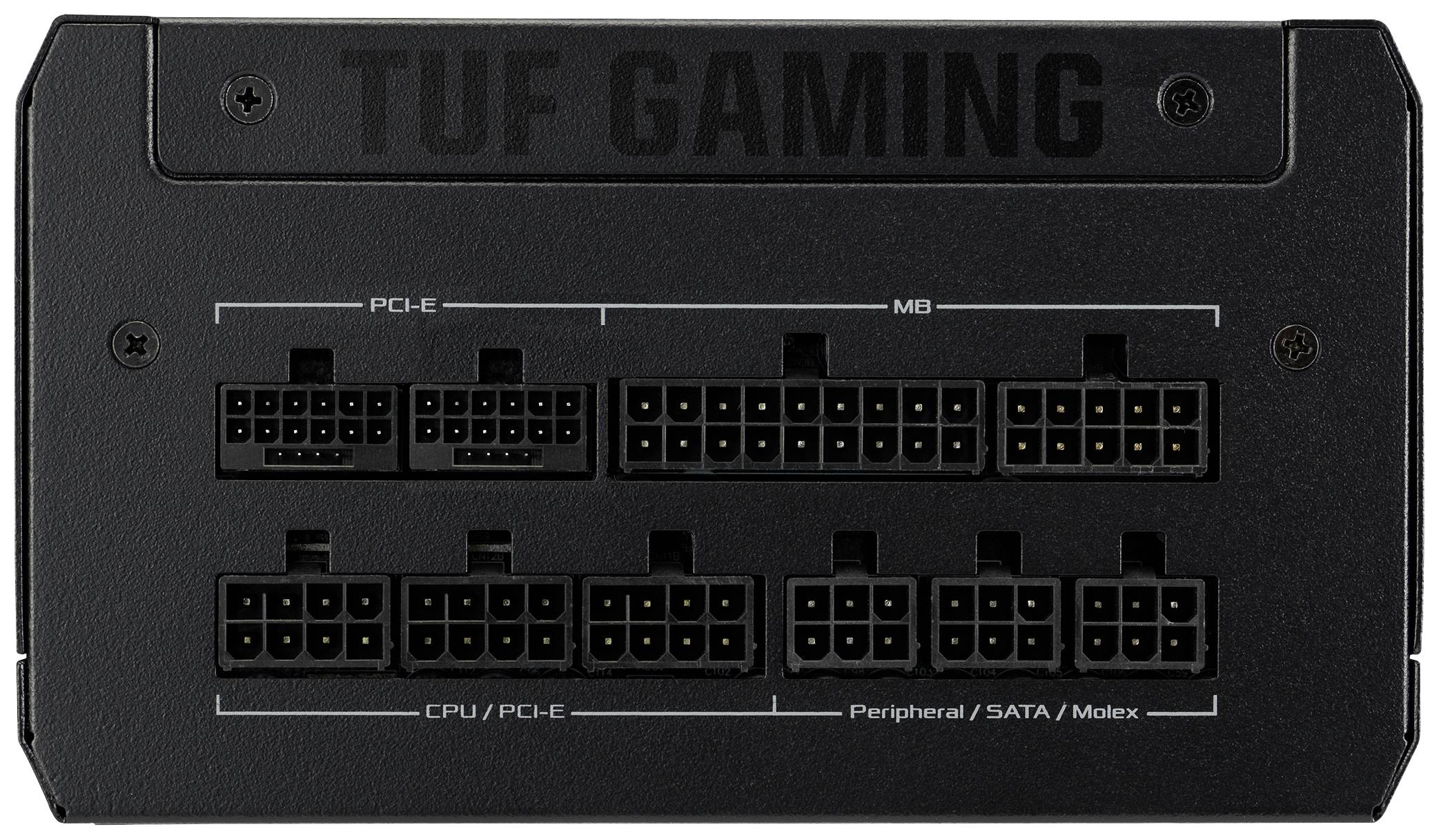 Retro di un alimentatore modulare con diversi connettori, etichettati per PCI-E, CPU/PCI-E, scheda madre e periferiche/SATA/Molex.