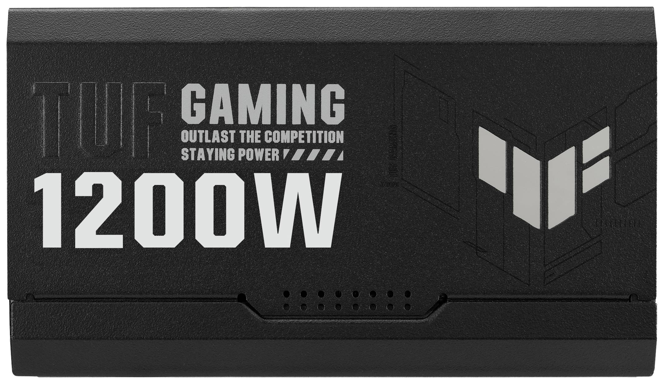 Involucro nero di un alimentatore da gaming con la scritta 'TUF Gaming 1200W' e 'Supera la Concorrenza, Potenza Duratura'.