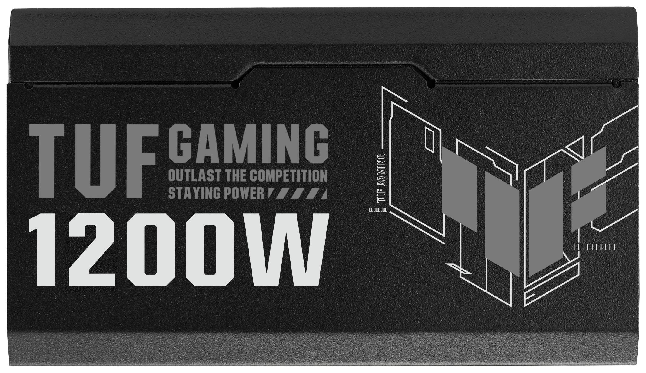 Alimentatore nero con scritta 'TUF Gaming 1200W'. Motivi grafici a destra. Utilizzato per computer ad alte prestazioni.