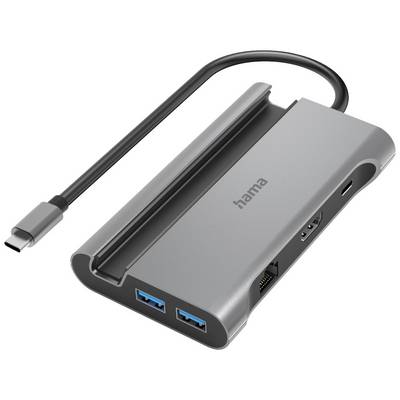 Un hub USB-C con due porte USB 3.0, una porta HDMI, una porta Ethernet e una porta USB-C.