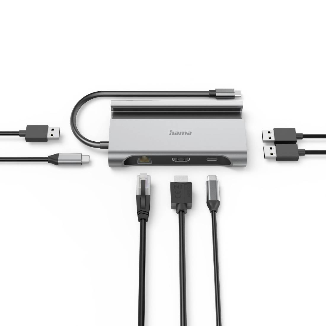Stazione di dock USB-C con molteplici porte: HDMI, 2 USB, Ethernet e due ulteriori cavi, ideale per una connettività avanzata.