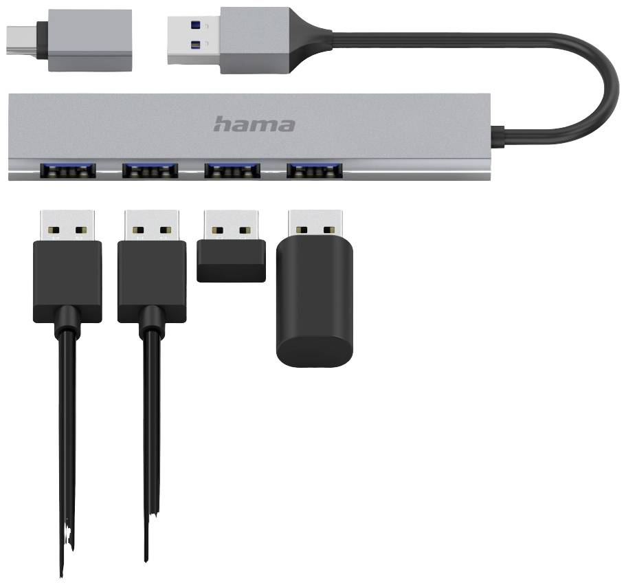 Hub USB con quattro porte USB, diversi connettori USB e un adattatore USB-C, tutti in design argentato con cavo nero.