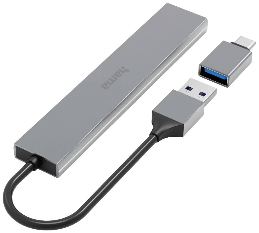 Hub USB metallico con tre porte: USB-C, USB-A e porta USB-C su un unico cavo. Ideale per ampliare la connettività.
