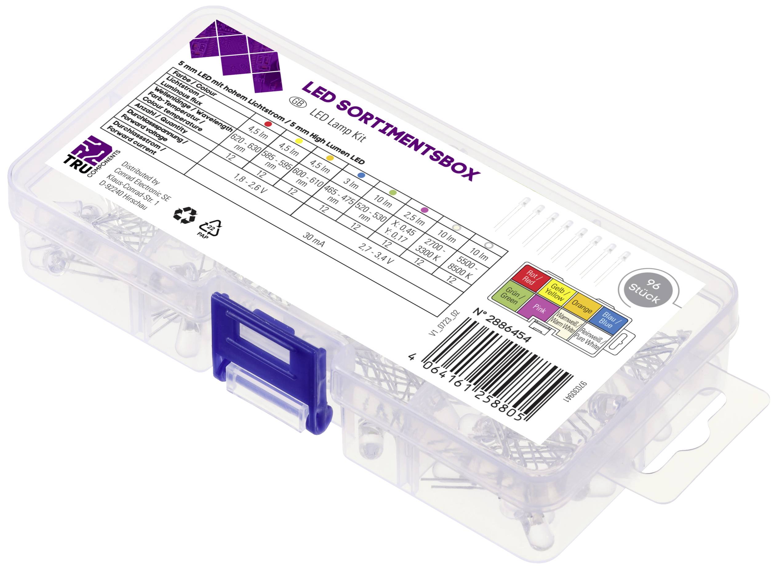 Una scatola trasparente in plastica con componenti LED. Sul coperchio sono presenti tabelle ed etichette con specifiche tecniche.