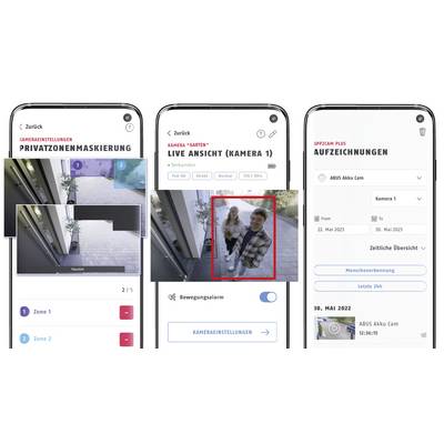 Tre schermi di smartphone mostrano un'app di sorveglianza con zone mascherate, una visualizzazione live di una telecamera con persone e registrazioni.