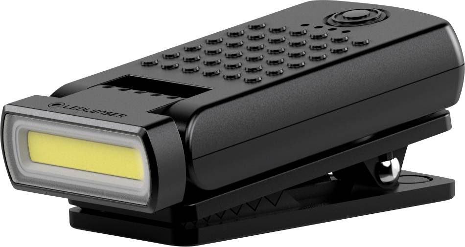 Lampada nera con clip, testa illuminante rettangolare e struttura testurizzata. Ideale per essere fissata a borse o indumenti.