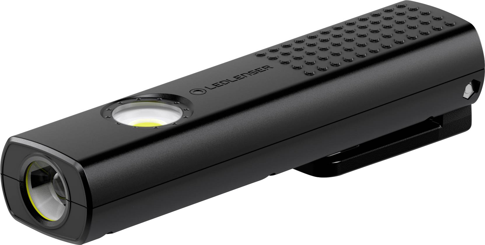 Torcia LED nera di Ledlenser dal design rettangolare, con clip integrata e superficie superiore strutturata per una presa migliore.