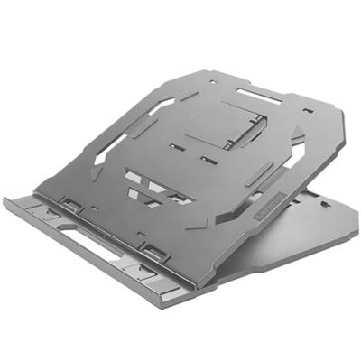 Un supporto per laptop regolabile in metallo color argento, aperto, per una migliore ventilazione ed ergonomia.
