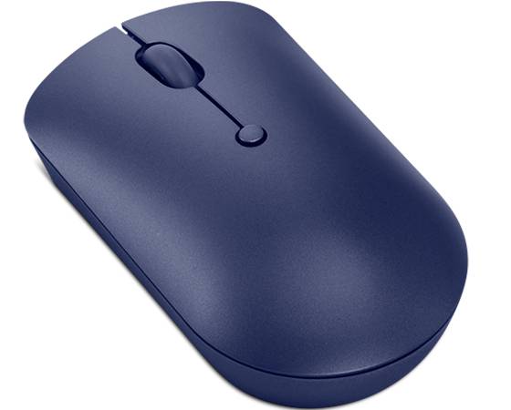 Un mouse per computer blu, wireless, con superficie liscia e una rotella di scorrimento, raffigurato su uno sfondo neutro.
