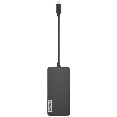 Un caricabatterie Lenovo nero con porta USB-C, posizionato verticalmente.