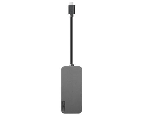 Hub USB-C Lenovo compatto in grigio con molteplici porte per una connettività avanzata a laptop o dispositivi mobili.