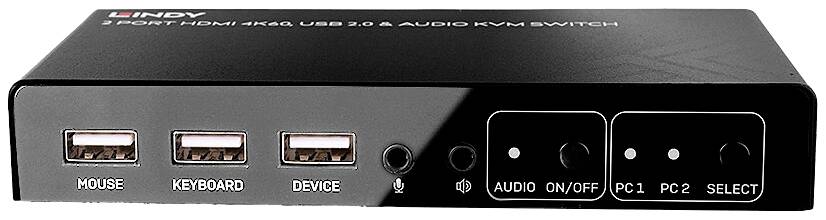 Un switch KVM con due ingressi HDMI e porte USB per mouse, tastiera e altri dispositivi. Pulsanti per l'audio e la selezione del PC.