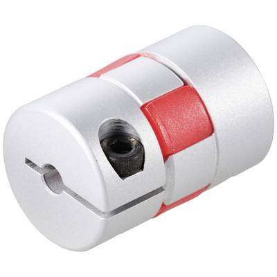 Giunto metallico con segmento in plastica rossa, fissaggio a vite e scanalatura. Adatto per il collegamento di parti rotanti in macchine.