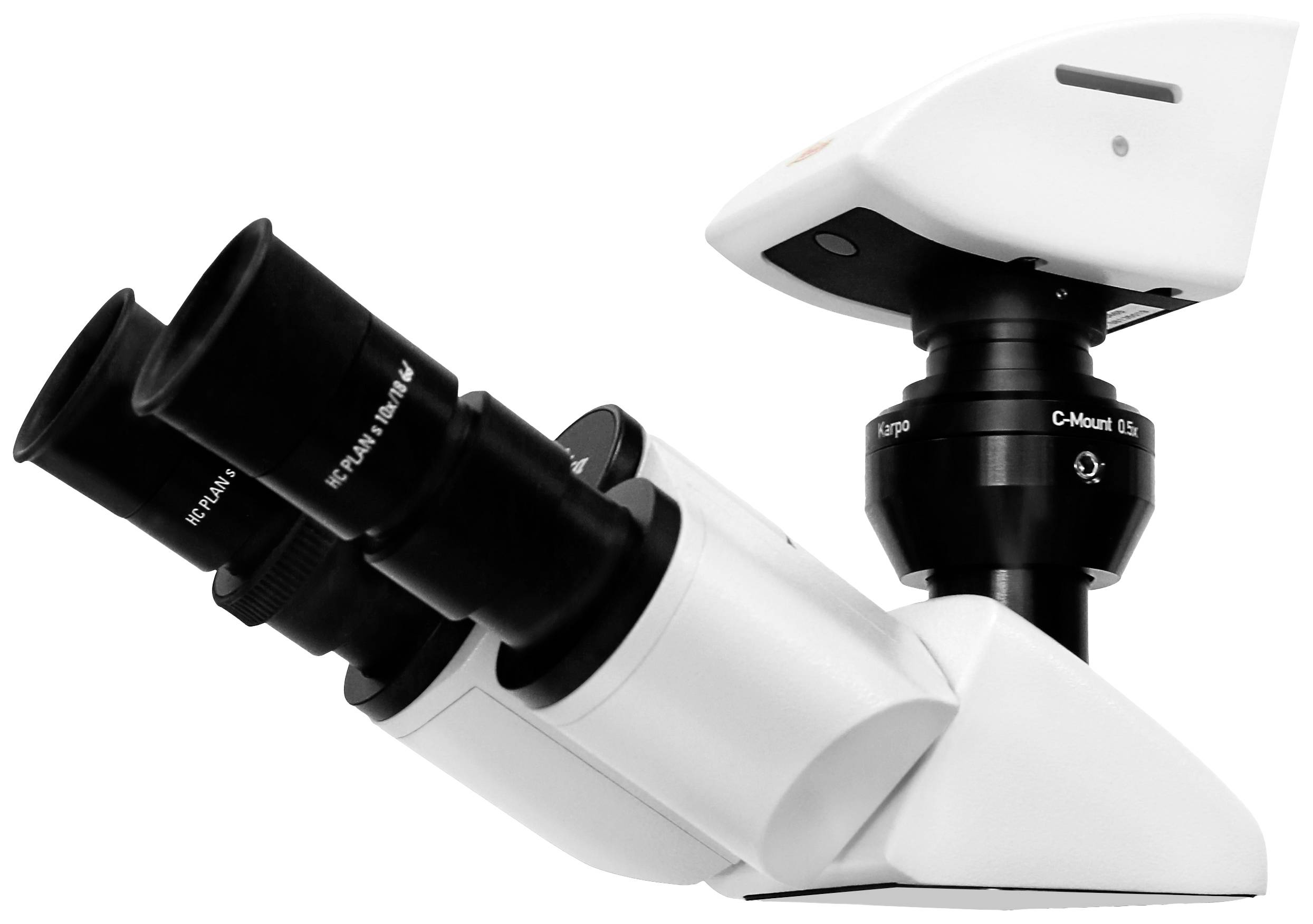 Un microscopio da laboratorio moderno, bianco, con due oculari e un'unità fotocamera, mostra la sua dotazione tecnica e funzionalità.
