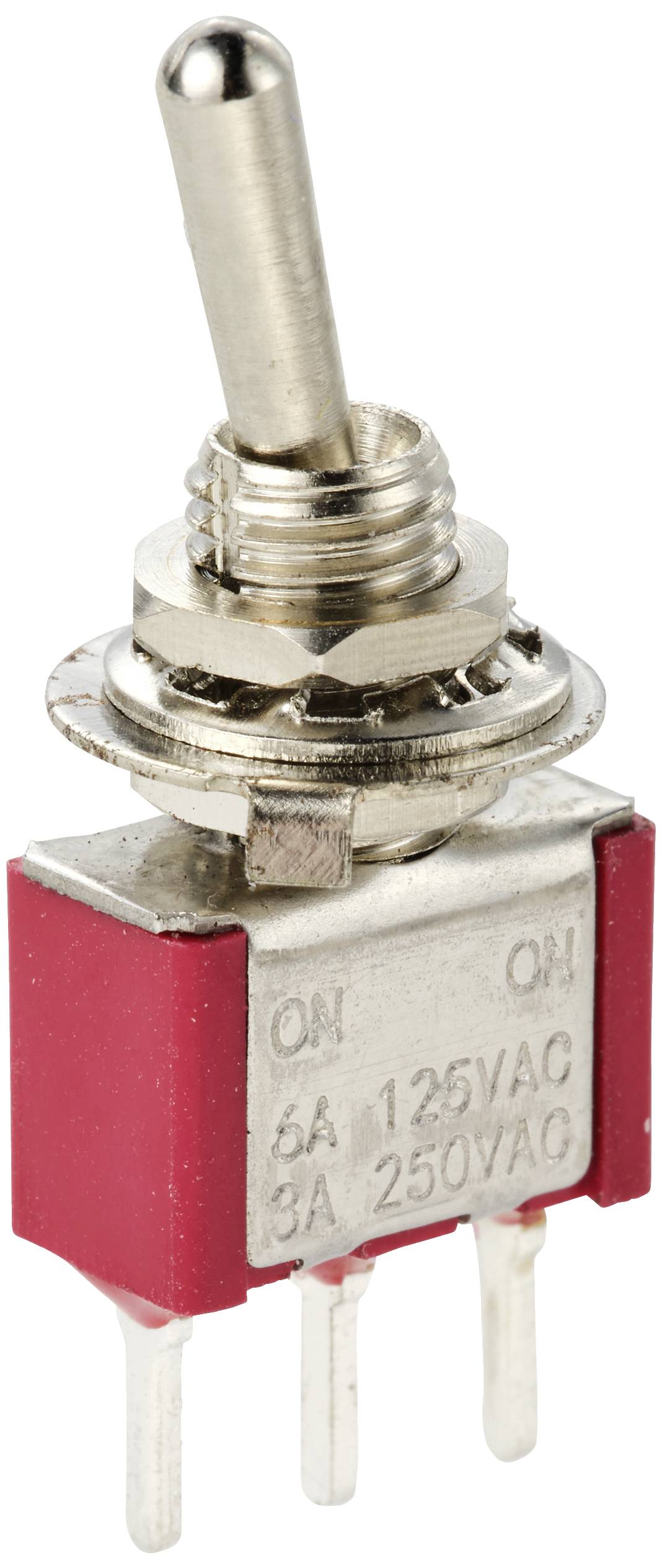 Un interruttore a levetta rosso con tre pin di connessione. Etichettato con 'ON' e specifiche tecniche: 6A 125VAC, 3A 250VAC.