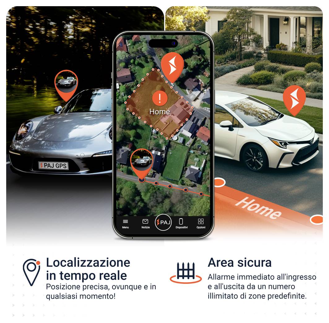Grafica pubblicitaria per il rilevamento GPS e le zone di sicurezza: tracciamento automatico dell'auto sulla mappa dello smartphone, area "Home" contrassegnata e allarme quando si esce o si entra.