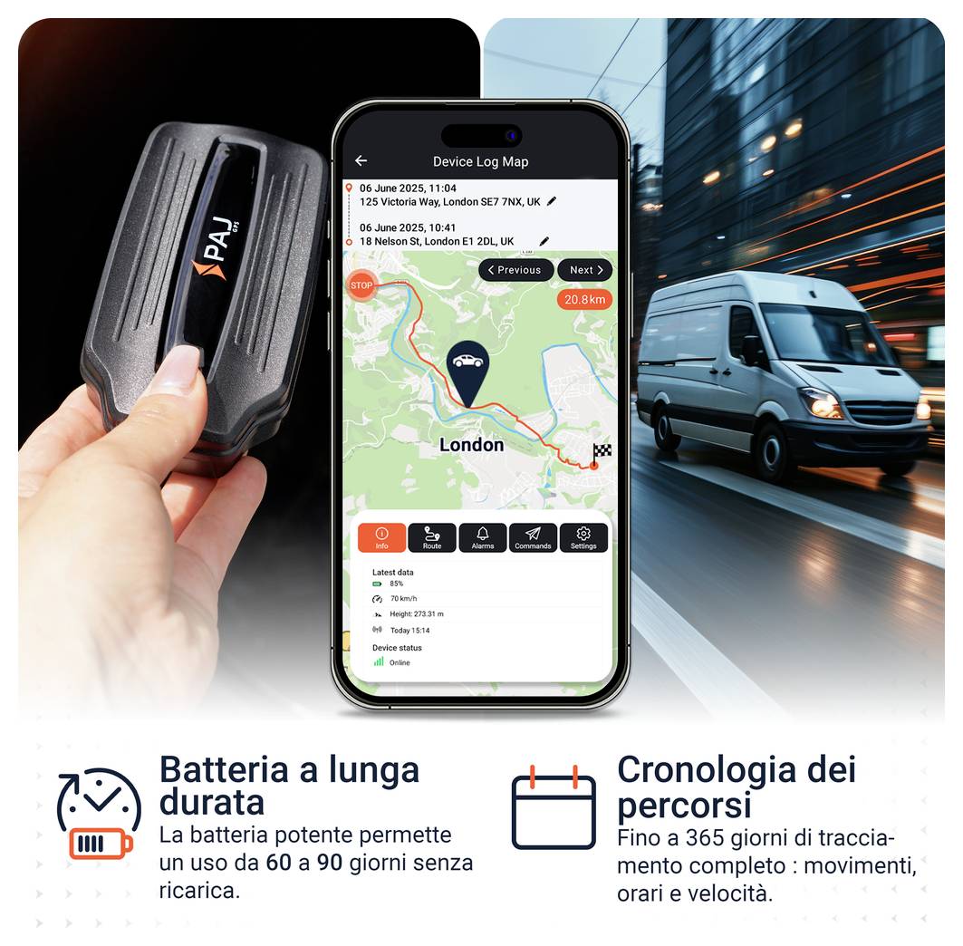 Grafica pubblicitaria per un localizzatore GPS: mano tiene il dispositivo, lo smartphone mostra una mappa del percorso, un furgone in movimento a destra; sotto il testo relativo alla batteria potente e alla memoria del percorso.