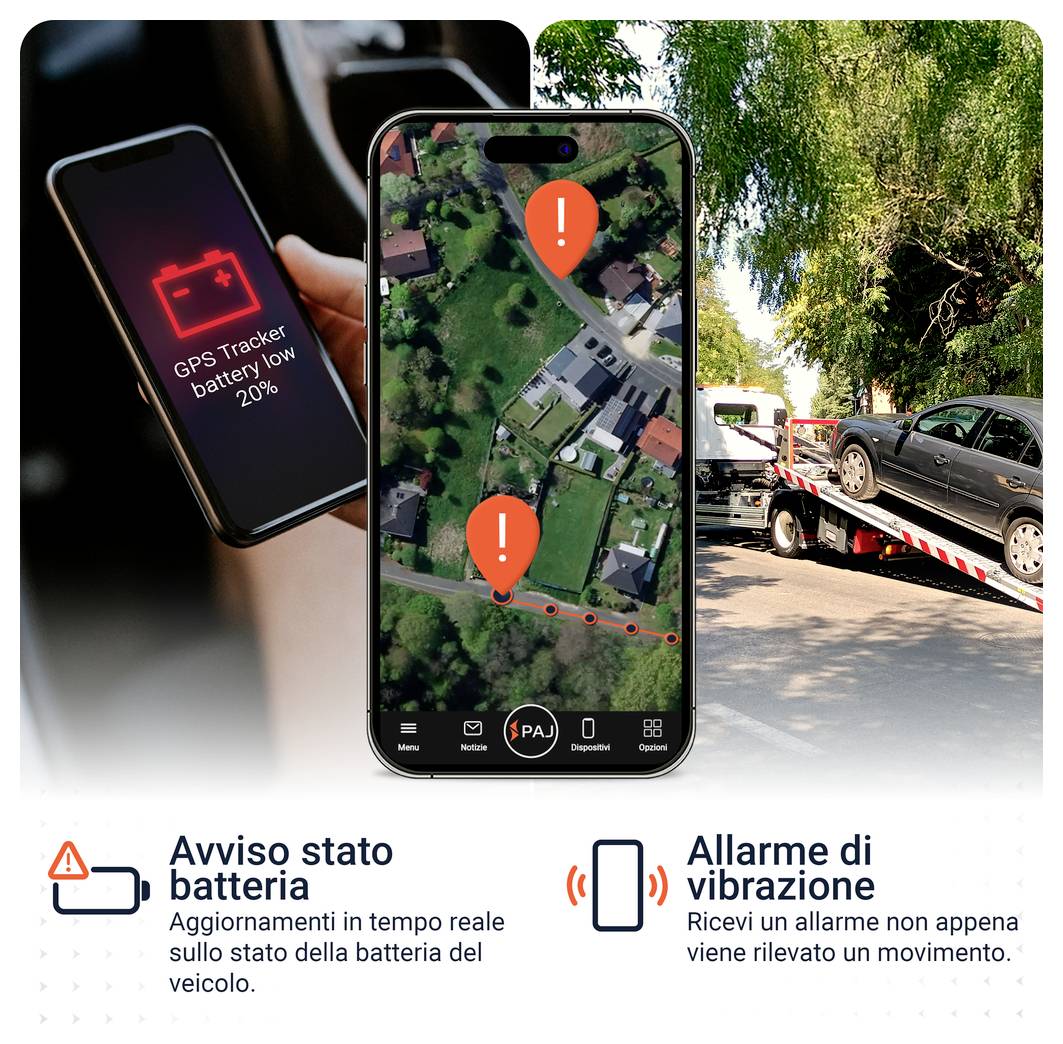 Grafica pubblicitaria per tracker GPS: batteria scarica, mappa di localizzazione con marcatori di allarme e rimorchio di un'auto; sotto testi su allarme batteria bassa e allarme vibrazione.