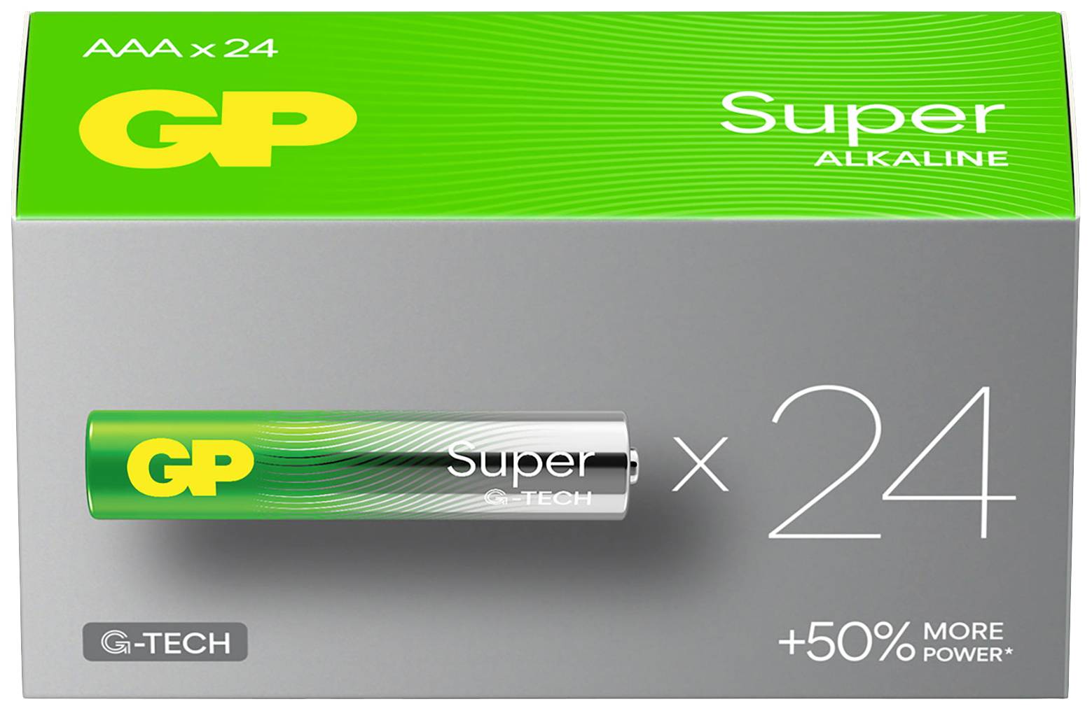 Confezione di batterie con scritta 'GP Super Alkaline AAA x 24'. Contiene 24 batterie, enfatizzando prestazioni di lunga durata.
