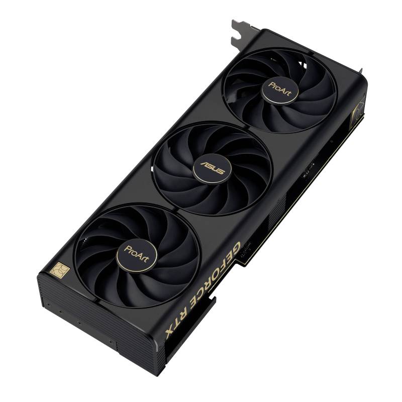 Una scheda grafica nera con tre ventole, con i loghi 'ProArt' e 'ASUS'. Si tratta di un modello GeForce RTX.