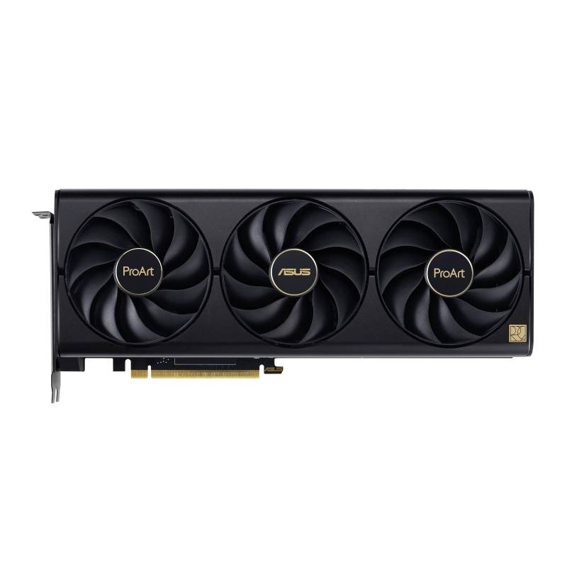 Scheda grafica ASUS ProArt nera con tre ventole, posizionata orizzontalmente. Il logo ProArt è visibile su ciascun ventilatore.