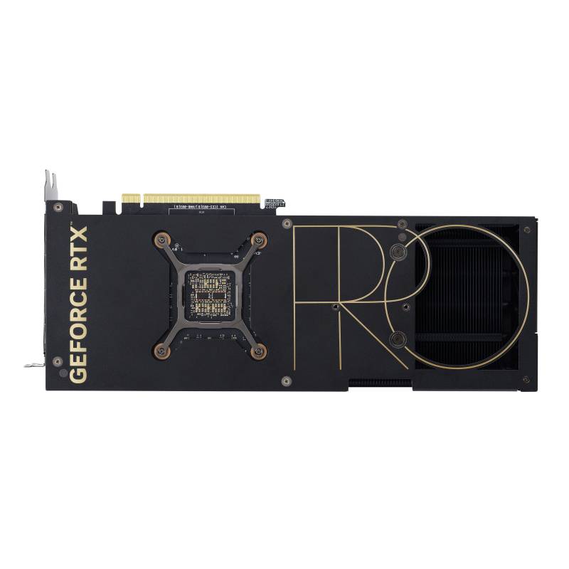 Scheda grafica GeForce RTX nera con scritta 'PRO' in oro e ventola di raffreddamento visibile. Design pensato per applicazioni professionali.