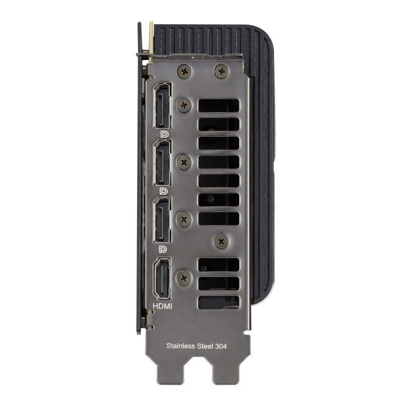 Retro di una scheda grafica con tre DisplayPort e una porta HDMI, circondata da fessure di ventilazione. Scritta: 'Acciaio Inossidabile 304'.