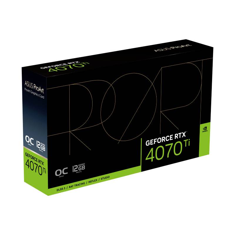 Confezione nera di una scheda grafica ASUS GeForce RTX 4070 Ti con 12 GB di memoria, che supporta Raytracing e DLSS 3 per un gaming migliorato.