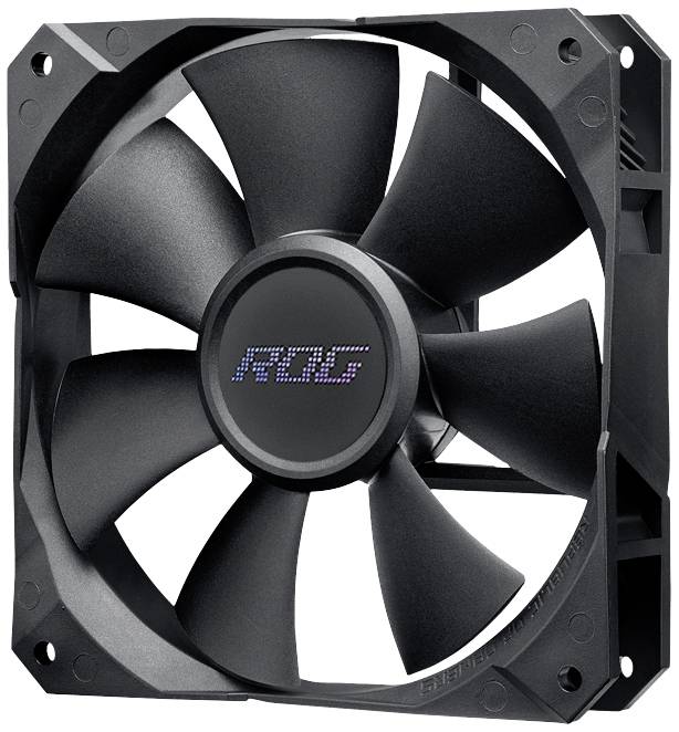 Un ventilatore nero per computer con il logo 'ROG' al centro. Il ventilatore ha cinque pale larghe ed è inserito in una cornice rettangolare.