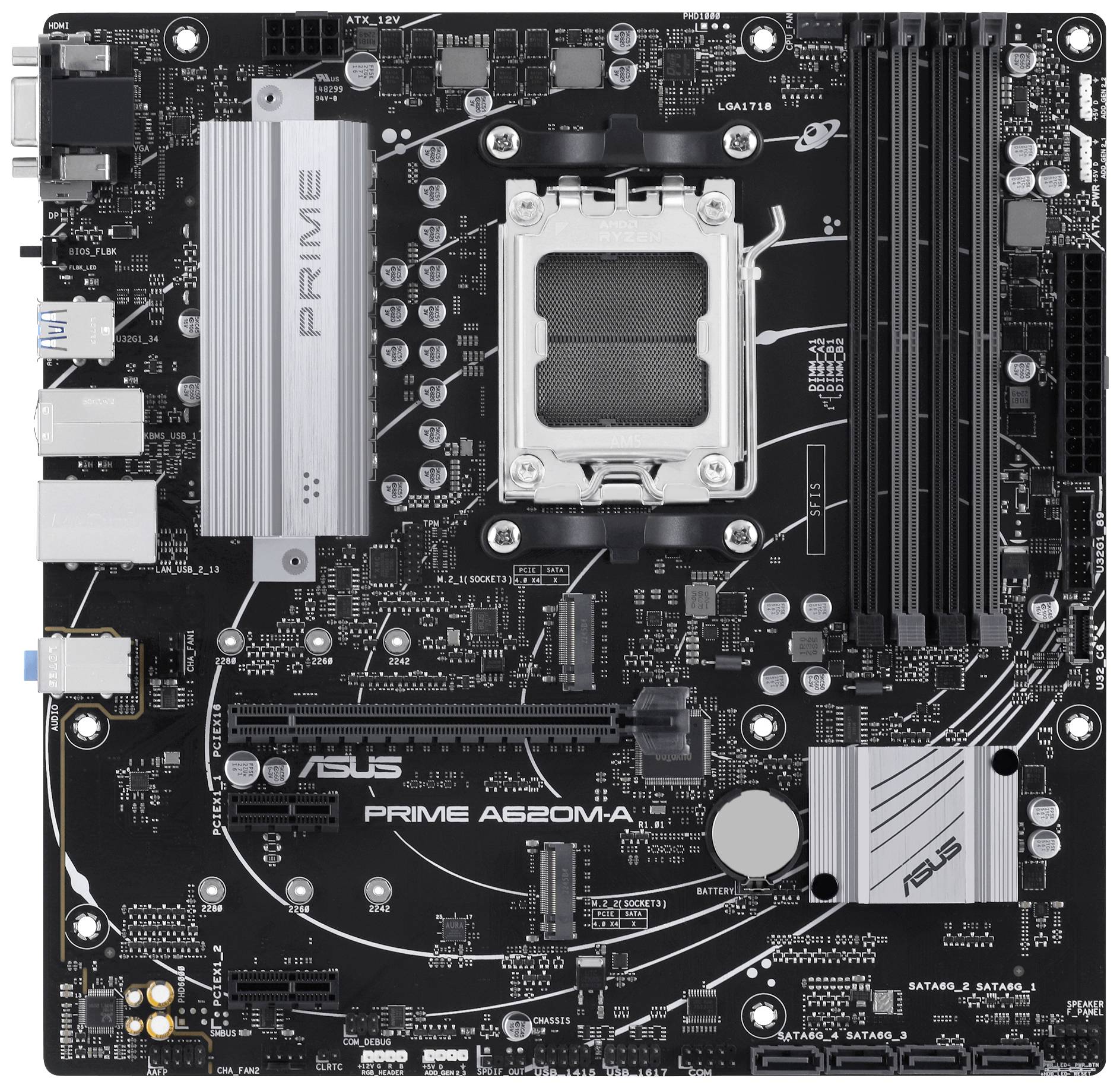 L'immagine mostra una scheda madre ASUS con numero di modello 'PRIME A620M-A'. Sono visibili il socket del processore, gli slot RAM e i connettori.