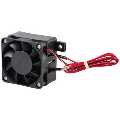 Piccolo ventilatore nero per radiatore con cavi rossi e neri, adatto per il raffreddamento di dispositivi elettronici o computer.