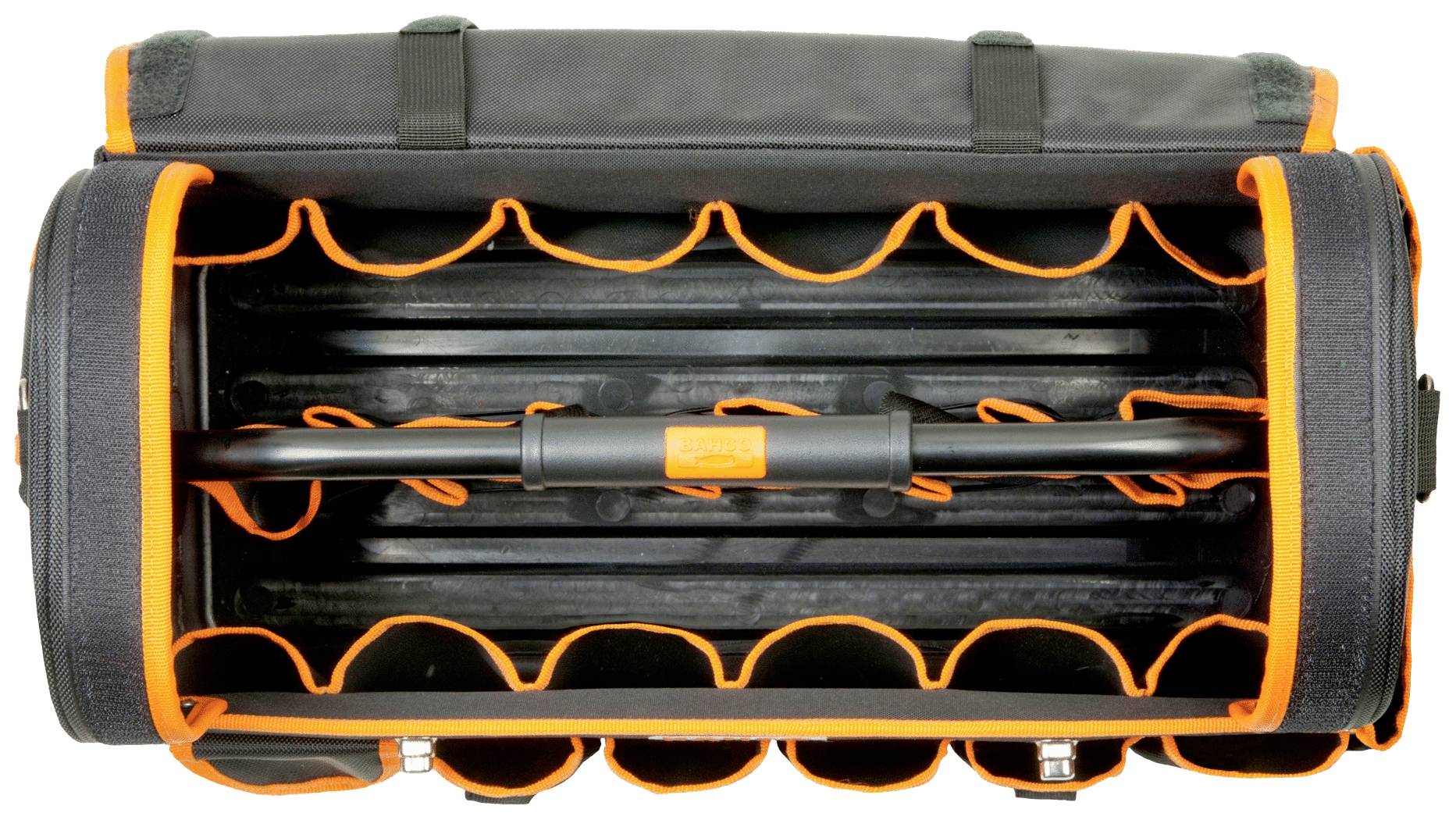 Vista interna di una borsa porta attrezzi vuota con più scomparti in arancione e nero. Ideale per un'organizzazione ordinata degli utensili.