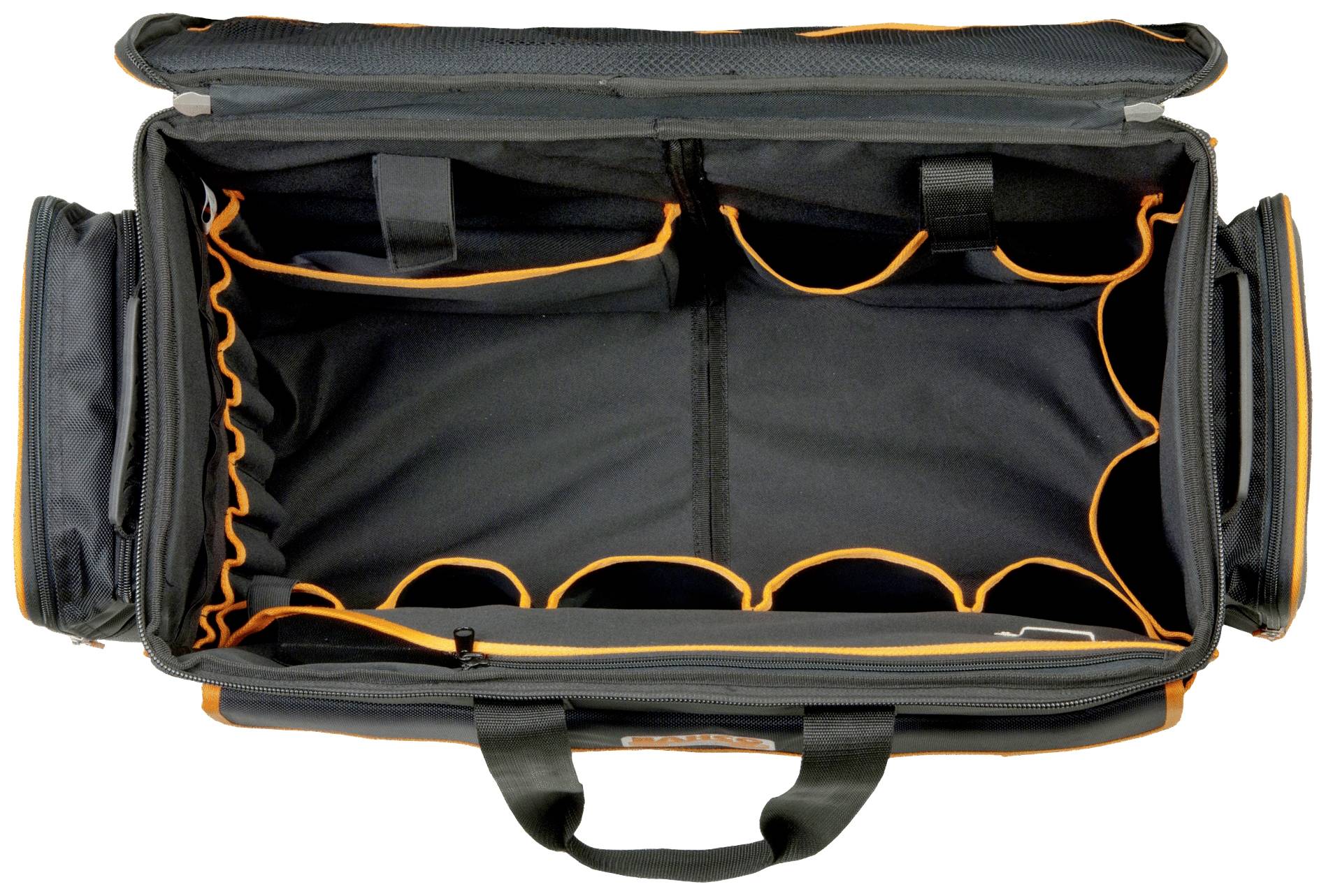 Borsa nera aperta con cuciture arancioni e diversi scomparti. Perfetta per conservare e organizzare attrezzi o accessori.