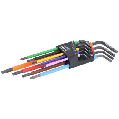 Un set di chiavi Torx colorate di varie dimensioni, allineate in un supporto nero.