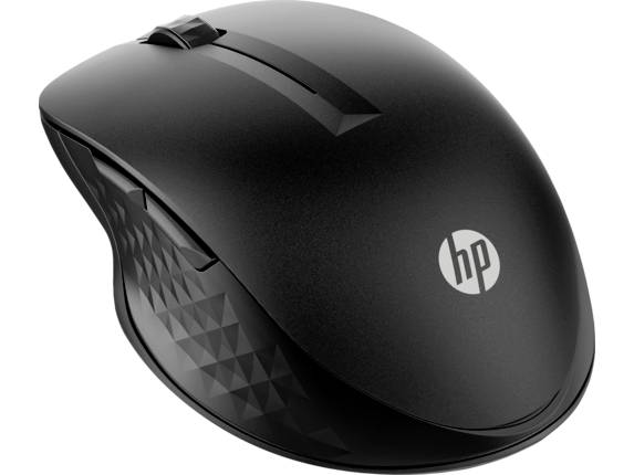 Mouse nera wireless con tasti laterali e logo HP sulla parte superiore. La superficie è liscia e anatomicamente modellata.