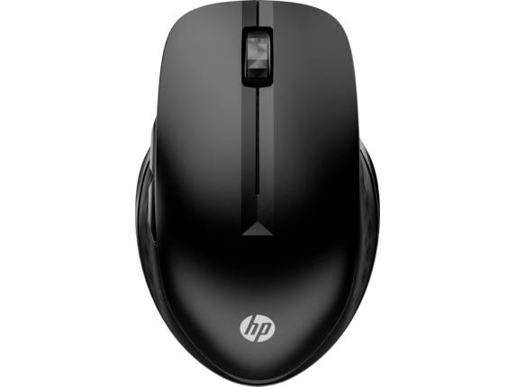 Mouse wireless nera vista dall'alto, con il logo HP in basso al centro.