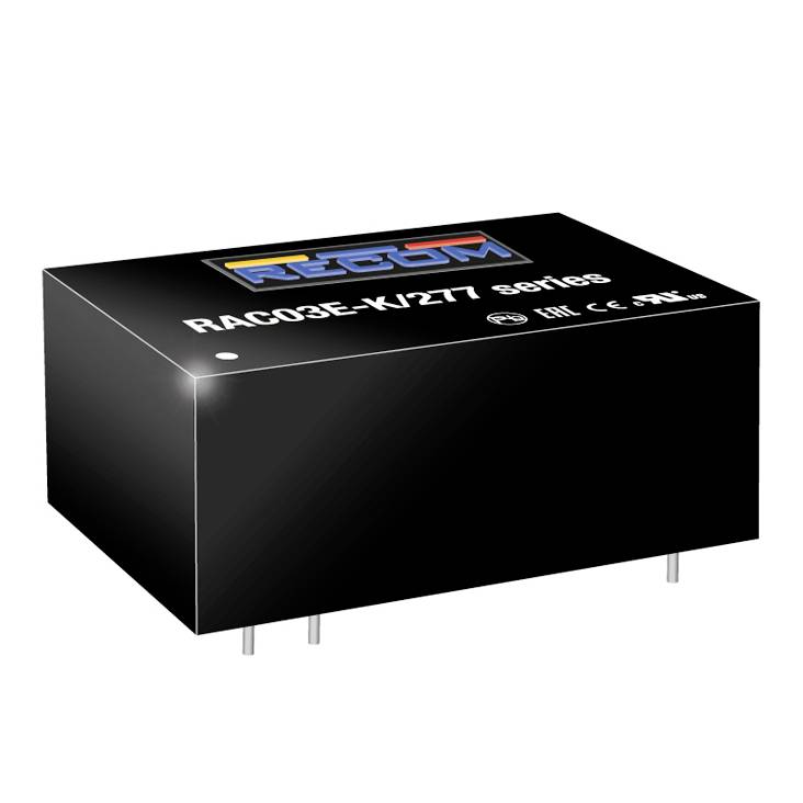 Blocco elettronico nero e rettangolare con la scritta 'RAC03E-K/277 series' e simboli CE, UL e altri.