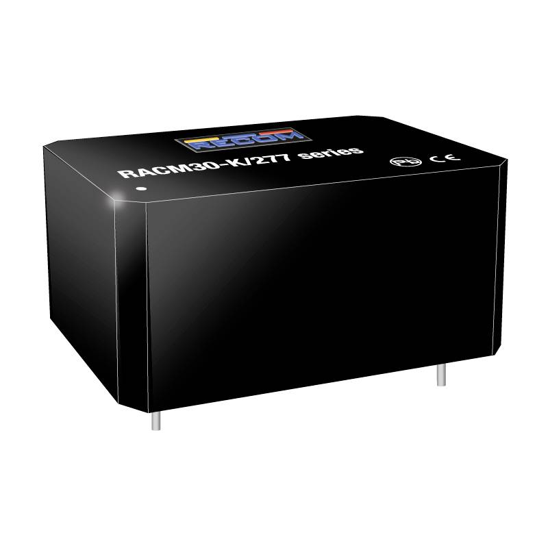 Un componente elettronico nero rettangolare con la scritta 'RACM30-K/277 series'. È dotato di due piedini metallici.